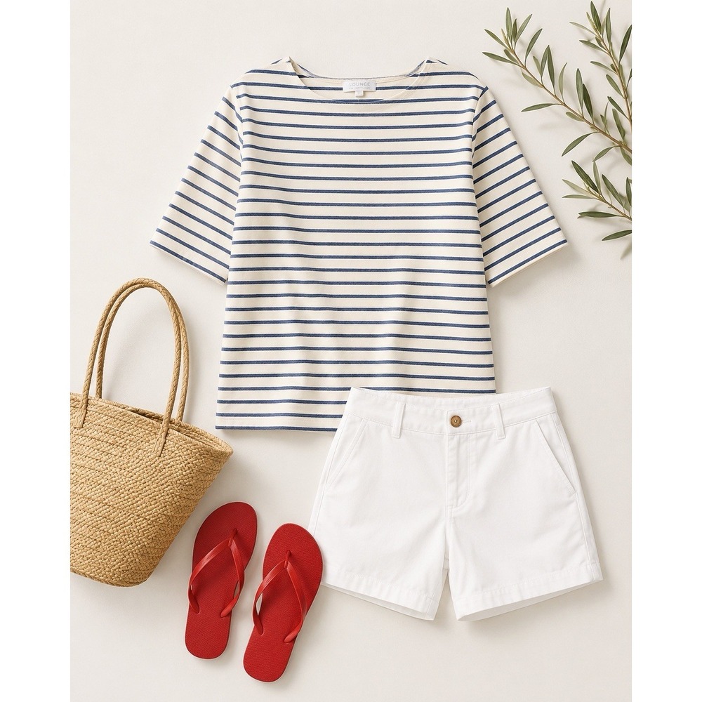 The White Company Organic Cotton Towelling Striped T-Shirt Women's M Blue White